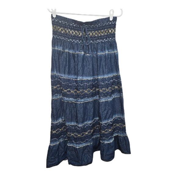 Drefbury Dresses & Skirts - DREFBURY Embroidered Tiered Denim Maxi Skirt XL